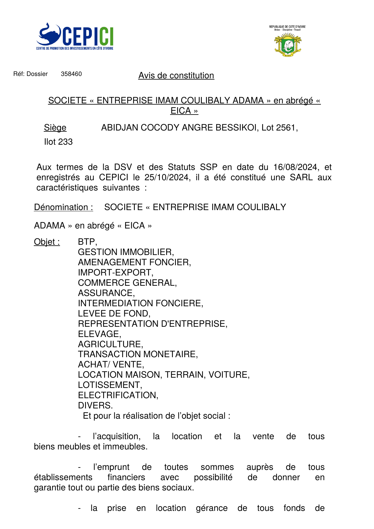 Avis de constitution CEPICI — EICA, dossier n°358460